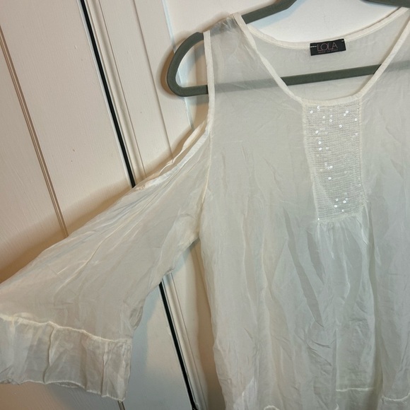 Lola Made In Italy White Silk Sequin Cold Shoulder Blouse - Picture 5 of 5